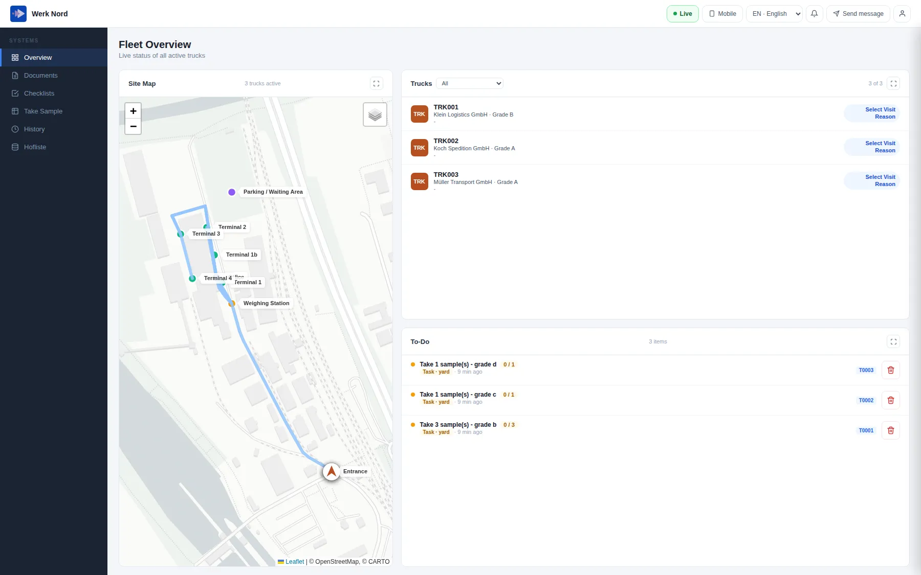 Fleet overview in the control room of the sample plant: site plan with terminals and weighbridge, a connected truck on its way to the weighbridge, open task list