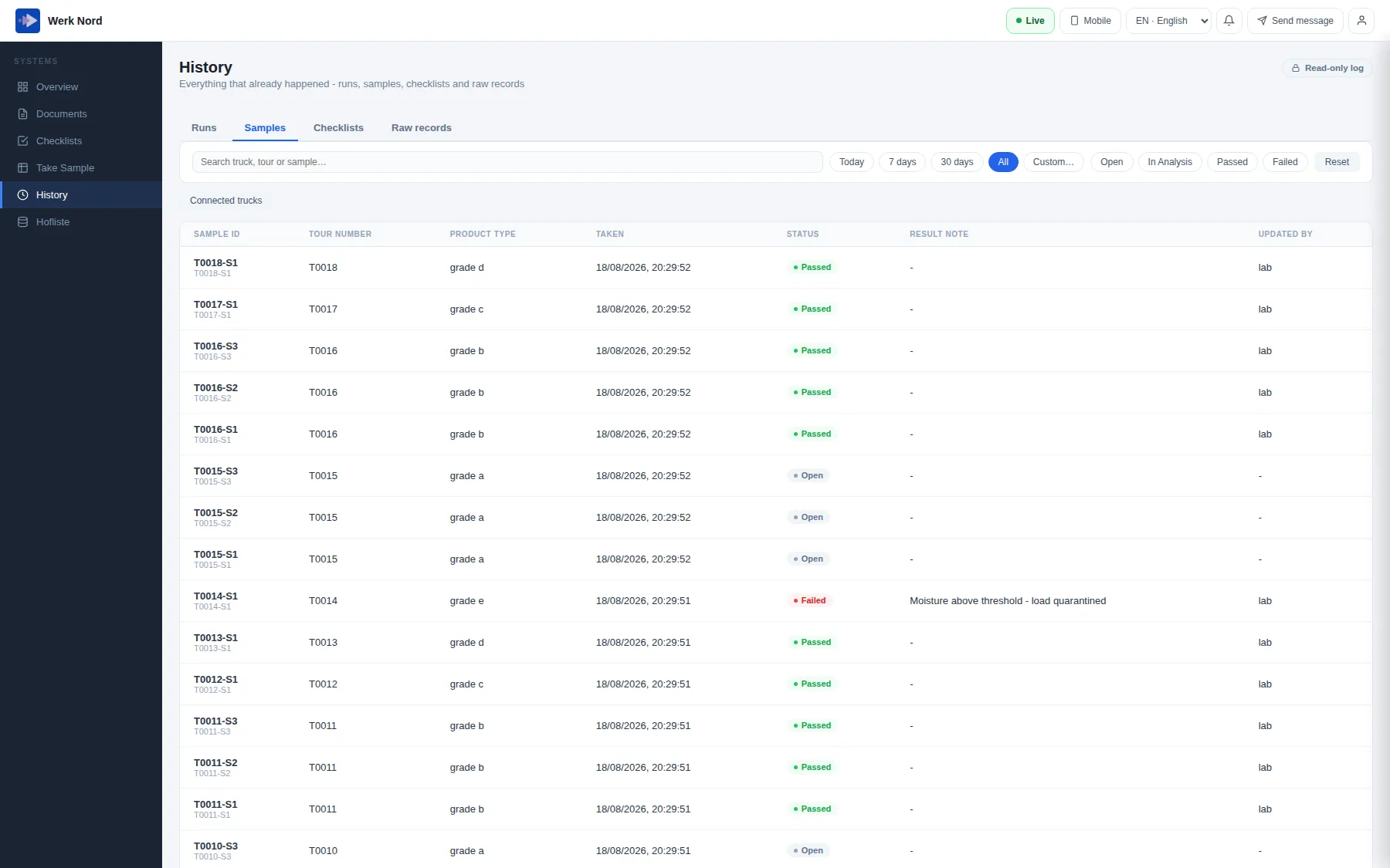One module as an example: overview with process id, vehicle, type, time and status