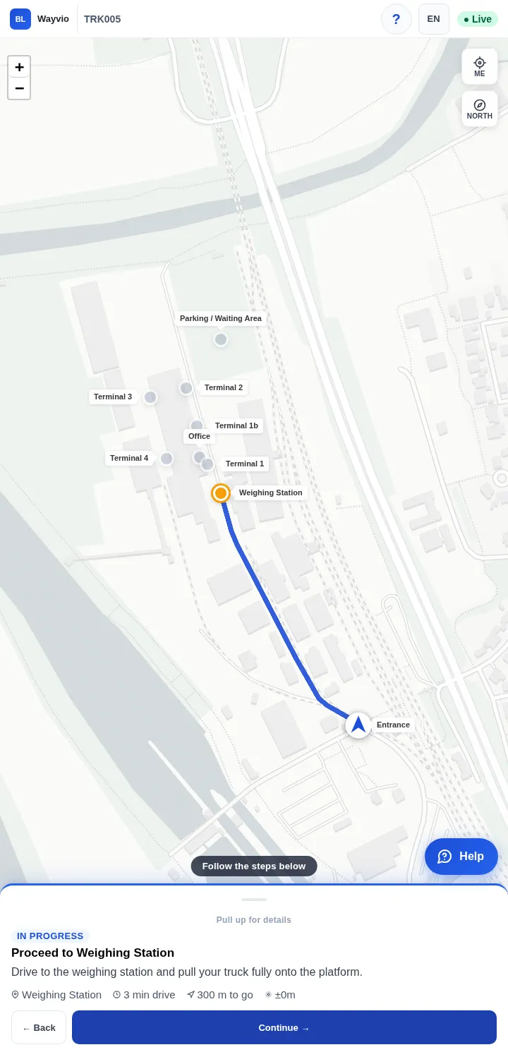 Driver app in use: map of the sample plant with route, terminals and weighbridge, and the step Continue to the weighbridge